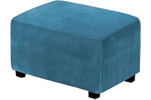 JHLD Velvet Ottoman Cover, Solid Color Stretch Ottoman Cover Rectangle Ottoman Slipcover With Stretch Bottom For Living Room-Blue A-Large