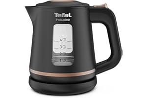 Tefal Bouilloire électrique 1 L, Ébullition rapide, Filtre anticalcaire amovible, Poignée ergonomique, 2 fenêtres niveau d’eau, Base à 360°, Includeo, Noire, KI533811