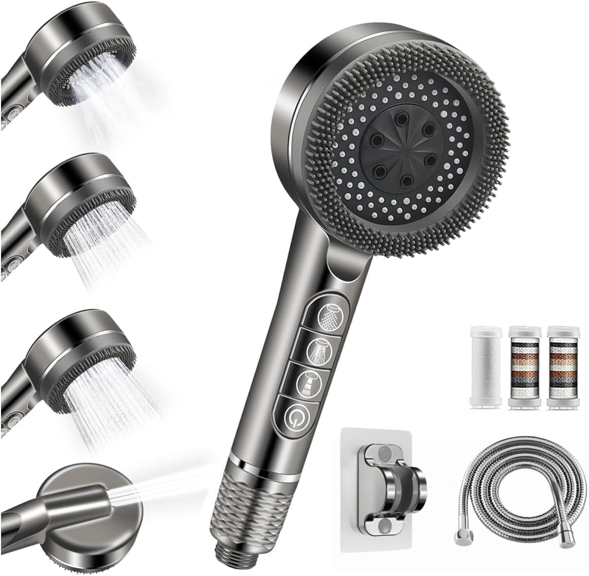 Pommeau Douche Haute Pression, Pommeau de Douche anti Calcaire avec Tuyau 1.5M, 5 Filtres et Support, 4 Modes de Jet et Bouton de Pause, Douchette Anti Calcaire pour Éliminer le Chlore,Gris.