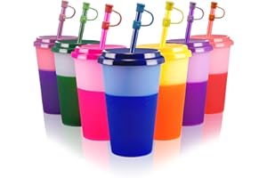PATINAO Gobelet Plastique Enfant Reutilisable Verre avec Couvercle et Paille - 7 Pièces Tasse à Couleurs Changeantes, Tasse Noel, Tasse Cafe, Travel Mug Voyage, 12oz 350ml (Avec Silicone Couvre Paille)