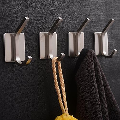 CEINTER Brushed Metal Self Adhesive Coat Hanging Hooks - 3M Bathroom Towel Key Hook,Stainless Steel Robe Hook,Kitchen Lavatory Storage Door Hook,Bedroom Hat Wall Hook,Closet Clothes Hanger,4Pcs