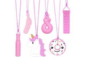 CLDY Lot de 6 Colliers Sensoriels à Mâcher pour Enfants Autistes/TDAH - Pendentifs en Silicone Sans BPA (Costume de licorne rose) - Collier Anti-Stress Enfant 3-11 Ans - Machouyou/Machouillou