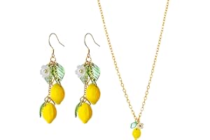 QIXNBL 1 par citronörhängen, 1 x citronhänge halsband, söta fruktörhängen, liten flicka halsband, sommarsemester tillbehör.