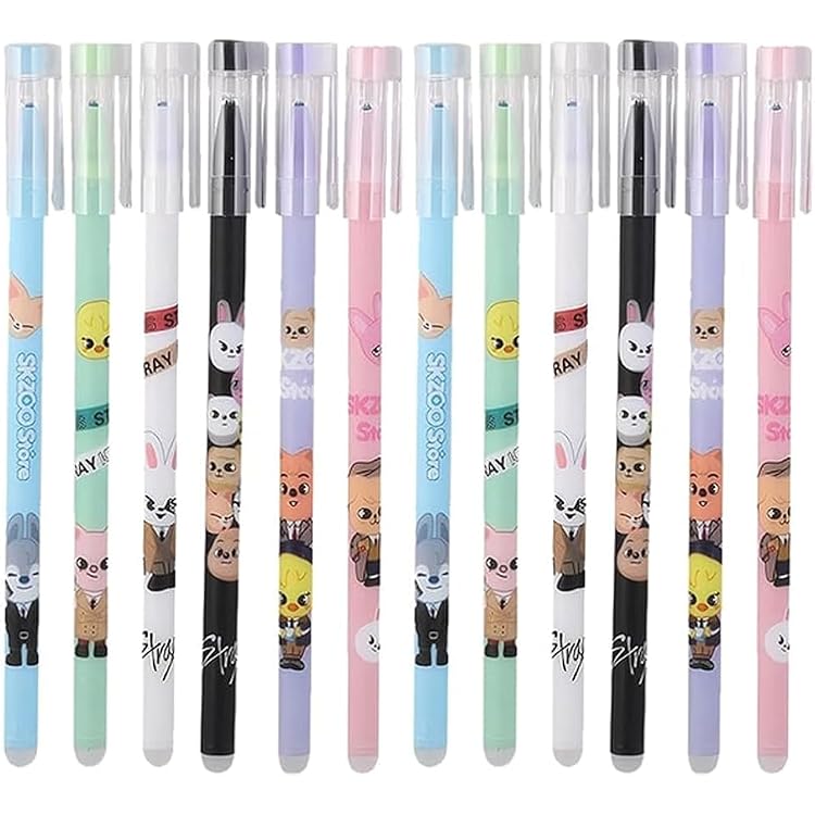 Stylos Gel Effaçables Stray Kids | 12 Stylos + 1 Porte-clés | Motifs Animaux Mignons | Parfait Pour Fans Kpop