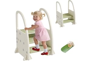 Hominewti Sgabello per Bambini Piccoli per il Lavandino del Bagno, 2-3 Gradini Regolabili in Altezza, Sgabello Antiscivolo, Multifunzionale con Maniglie, Verde