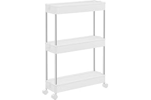 SONGMICS Carro de Almacenamiento de 3 Niveles, Carrito con Ruedas, Carro de Cocina, Ahorro de Espacio, para Baño, Oficina, 14,4 x 42 x 60,6 cm, Blanco Nube KSC007W01