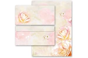 PAPER-MEDIA Set complet de 20 pièces PÉTALES DE ROSE 10 feuilles de papier à lettres et 10 enveloppes DIN LONG sans fenêtre