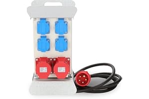 Peviasot Baustromverteiler, CEE 2 x 16A 400V+4x 230V Schuko IP44 5 polig, Wandverteiler mit LS-Schalter FI-Schalter, Stromverteiler IP44 Mit Sicherheitsklappdeckeln und Leitung