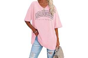 Tomwell Damen Los Angeles Brief T-Shirt mit V-Ausschnitt Kurzarm Sport Sommer Rundhals Oversized Oberteile Drucken Sweatshirt Lose Bluse Tunika Lang für Teen Girls Top