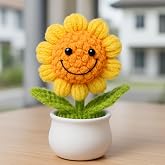 Vendola 13CM Height Handmade Crochet Smiling Flower Pot for Home & Office Decor, Cute Aesthetic Desk Showpiece, Positive Vibe