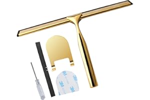 SZWLJ Gold Stainless Steels Shower Squeegee for Shower Doors, Bathroom and Glass Cleaner Squeegee for Bathroom Door Mirror Car Glass Wiping Tool，With 2 Replacement Rubber Squeege