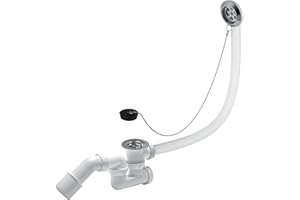 Wirquin 30723225 Vidage de baignoire L500 avec siphon orientable D40, bonde à bouchon, chainette et trop plein, blanc