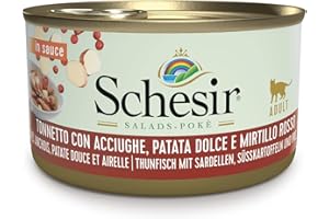 Schesir Salads Pokè, Comida Húmeda para Gatos Adultos, Sabor Bacoreta con Anchoas, Batata Y Arándanos, Filetes En Salsa - Total 2,04 Kg (24 Latas X 85 Gr)