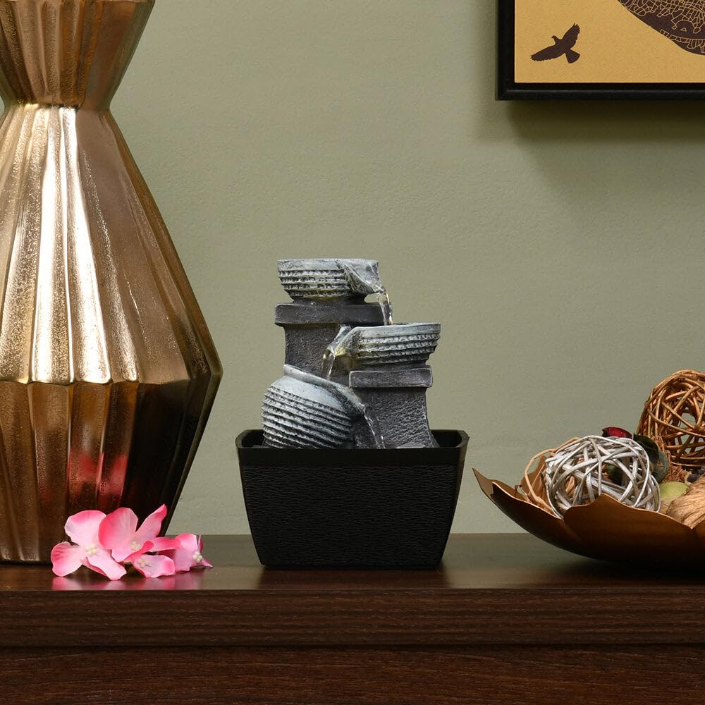 @Home by Nilkamal Decorative 3 Pots Polyresin Water Fountain for Home Decoration, Office, Table Decor and Gifting in Grey and