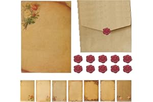 VYZUTR Carta da Lettere Vintage con Busta Decorata Kraft - Set 16 Fogli e 10 Buste, Adesivo Sigilli di Cera, per Scrivere e Disegni (8 Style)