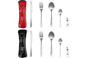 YERIA Posate da viaggio in acciaio inox, 2 pezzi posate da campeggio, posate da viaggio, posate campeggio, porta posate viaggio, per viaggi, picnic, scuola e catering, portaposate da viaggio