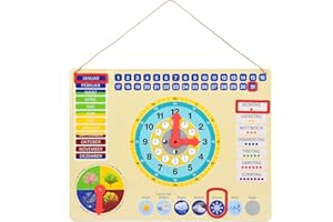 ewtshop® Orologio educativo in metallo, lavagna educativa colorata con data, ora e stagioni, colorato