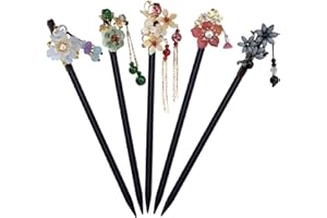 MIXXIULA 5 Piezas Palitos de Pelo Vintage, Palillos de Pelo Chino Clips de Pelo Horquilla de Madera Horquilla con Adornos de Flores y Borlas para Mujeres y Niñas, para Accesorios de DIY Pelo