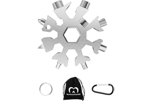 MATHARAGO Schneeflocken-Multitool, 1 Stück 18-in-1-Edelstahl-Schneeflocken-Werkzeug mit Karabinerhaken, Schlüsselanhänger und Aufbewahrungstasche (Silber)