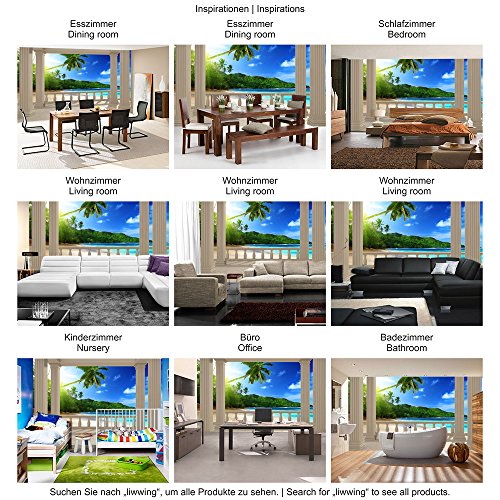 Vlies Fototapete 350×245 cm PREMIUM PLUS Wand Foto Tapete Wand Bild Vliestapete – TERRACE VIEW CARIBBEAN BEACH – Ausblick Terrasse Seeblick 3D Strand Beach Meer Sonne Palmen – no. 121 - 5