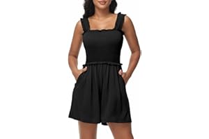 Tanou Kurzer Jumpsuit Damen Lässiges Sommer Outfit Sexy Gesmoktes Playsuit Ärmelloser Dehnbarer mit Taschen Strampler