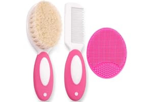 WAWTOOK Baby Hair Brush and Comb Set for Newborns & Toddlers | Natural Soft Goat Bristles | with Silicone Cradle Cap Brush | Ideal for Cradle Cap | Perfect Baby Registry Gift (Rosered)