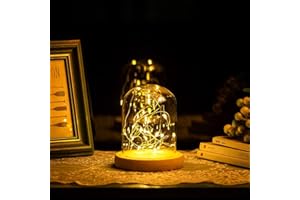 GLASSEAM Clear Glass Bell Jar Dome Cloche with Rustic Wood Base, Battery Operated LED Fairy Light Antique for Display Dome Lamp, Succulents, Keepsakes, Decorative Fill, Wedding Bouquets, Photos