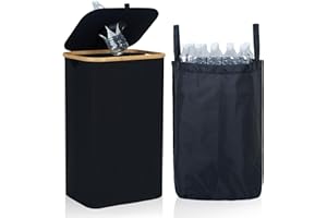 ROSOS Recycling Bin for Kitchen, 105L Large Recycling bin with Lid, Indoor Home Recycle Bin with Removable Inner Bag & Bamboo Handle, kitchen Recycling Bin for Bottles Cans Plastice Cartons, Black