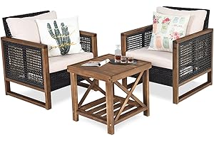 COSTWAY 3-częściowy zestaw mebli ogrodowych z drewna akacjowego, 2 fotele rattanowe i stolik pomocniczy, zestaw mebli do siedzenia z poduszkami pod plecy i poduszkami do siedzenia, zestaw do siedzenia