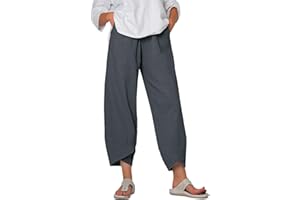 Enwokran Women's Linen Wide Leg Pants with Pockets, Elastic Waistband Lightweight Beach Palazzo Harem Cotton Loose Fit Trousers