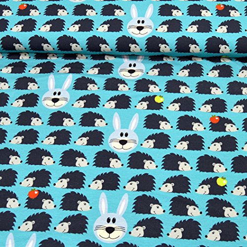 Jersey-Stoff „Igel und Hase“ bunt / Kinder-Baumwoll-Jersey / Beste Öko-Tex Qualität / Meterware ab 50cm / FX-3-2 (01. Türkis) - 2