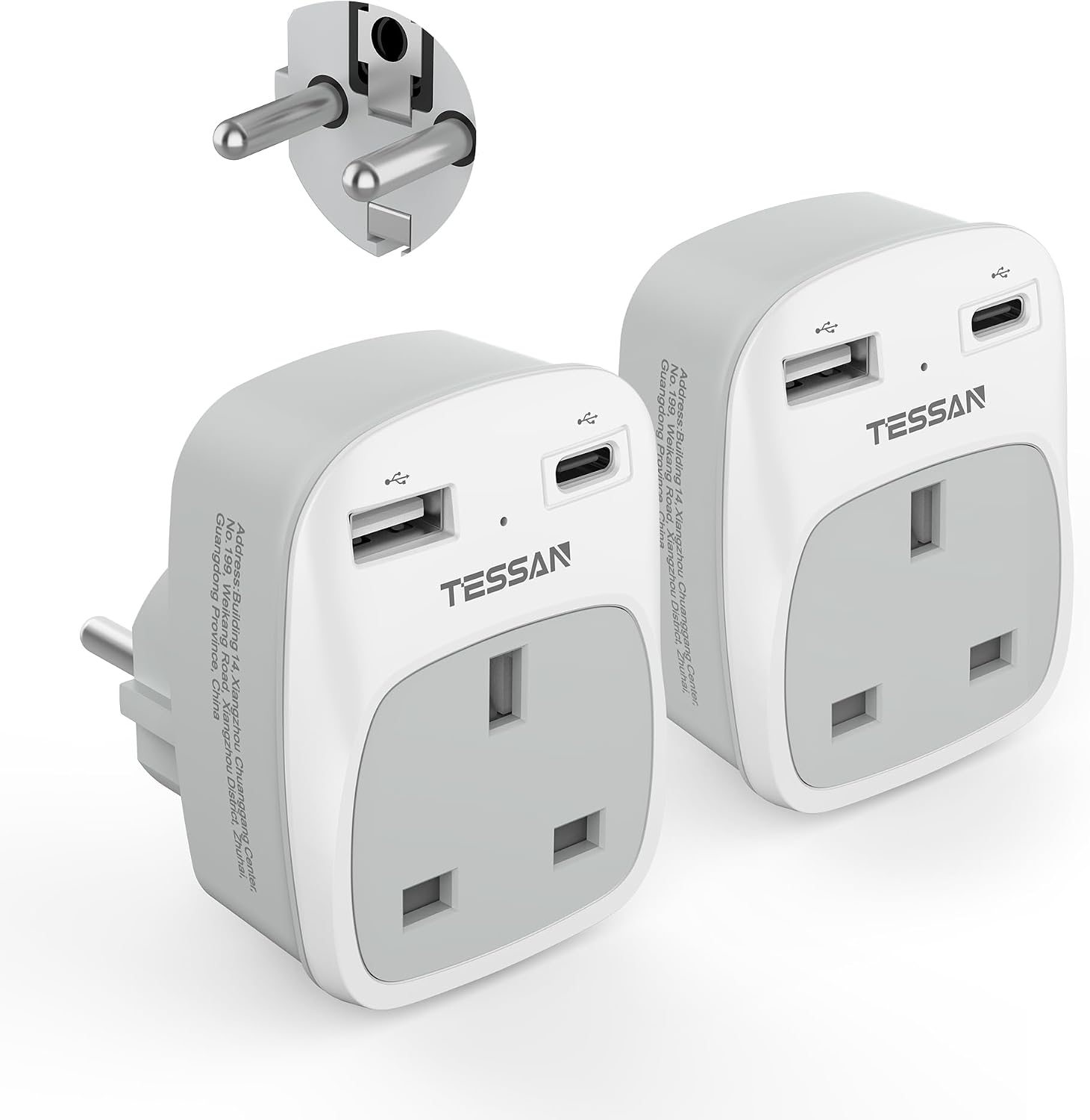 UK to European Plug Adapter 2 Pack, TESSAN Schuko Grounded Euro Plug Adapter with 2 USB Ports (1 USB C), Travel Adaptors UK to EU for Europe Spain Germany France Iceland Poland Russia (Type E F)