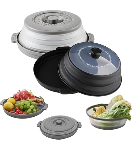 WDZGX Cloche Micro Onde Couvercle Micro Ondes 2 Pcs Retractable Couvercle Cloche Alimentaire Pliable pour Anti Vapeur et Fonction Passoire avec 2 Crochets Autocollants (Set A