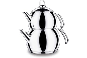 Set di cuochi da tè Korkmaz A104 Tombik/2 litri e 1,1 litri/speciale fondo capsula a 3 strati (140 mm) / teiera/Caydanlik/formato famiglia Aile Boyu/acciaio inossidabile 18/10 Cr-Ni