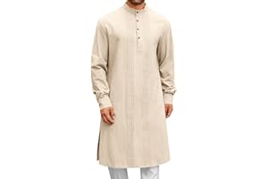 GENERISCH Kaftan Herren Muslimische Robe Button Down Ausschnitt Langarm Thobe Einfarbig Lang Freizeithemden Schwarz Weiß Traditionelle Indische Bekleidung Kurta Seite Split Muslim Hemdkleid