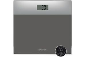 Salter Digital Bathroom Scale – Easy Read LCD Display, 180 kg/ 28 st Capacity, Instant Read Step On Activation, Battery Included, Neat Storage, 15 Year Guarantee, Two Tone Design, Silver/Grey