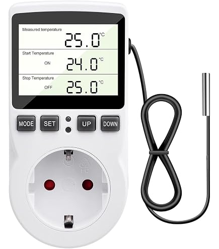 Digitaler Temperaturregler Steckdose – 230 V, 16 A, 3680 W, Mit 2 M Fühler, Heizung/Kühlung, -40 Digitaler Temperaturregler Steckdose – 230 V, 16 A, 3680 W, Mit 2 M Fühler, Heizung/Kühlung, -40
