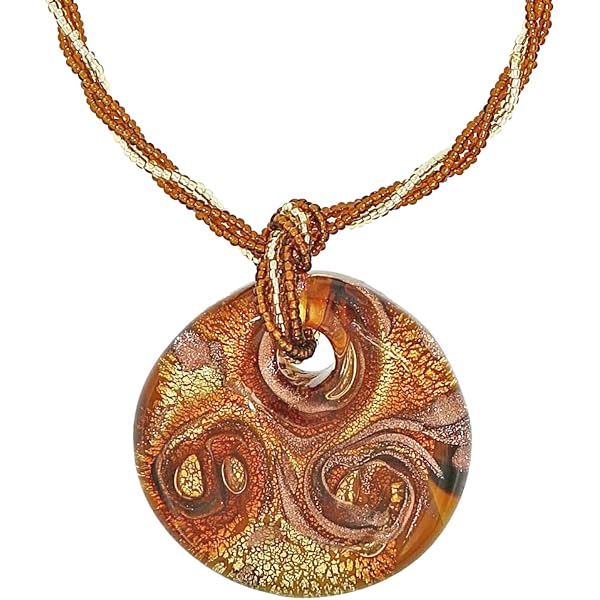 Pendentif De Murano Avec Chaîne En Argent Vintage - Longueur 38 Cm, Couleur Or Moiré/kaki, Neuf Vieux Stock