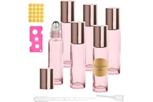 SONEER Roll on Glasflaschen für Ätherisches Öl, Roll on Flasche Leer 10 ml mit Edelstahl-Ball, Rollon Flaschen mit Öffner, Tropfer, Strohhalm, Etiketten für Aromatherapie Parfüm Massage (Rosa, 6 Stück)