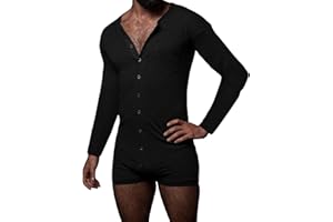 WAZHAKU Jumpsuit Herren Kurz mit Knopfleiste langarm Onesie Pyjama Einteiler Langarm Strampler Bodys Overall Onesie Stretch Baumwoll Strampler mit Knöpfen Männer Thermo Overall Loungewear