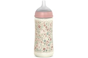 Suavinex, Biberón 360 ml, con Tetina Fisiológica SX Pro de Silicona, con válvula Anticólico, de Flujo Denso (L), para Líquidos Densos, Apto Papillas Líquidas. Bebés +6 Meses. Wonder, Flores, Rosa - 1