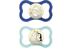 MAM Supreme Nuit Lot de 2 tétines en silicone 18+ mois – avec boîte à sucette – Réduit le risque de mauvais positionnement des dents et laisse respirer la peau – Coloris aléatoire