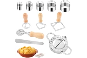 Moongiantgo Moulle à Ravioli Dumpling Maker Coupeurs de Ravioli Lot de 7 (Cutter à Rouleau à Manche Court, Petit Rond, en Forme de Cœur, Carré, Coupeur, Moule à Boulettes, Cuillère à Farcir la Viande)