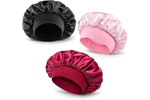 GENÉRICO 3 Piezas Gorro para Dormir de Satén Ajustable – Gorro de Noche para Pelo Rizado con Banda Elástica – Cubrepelo Suave y Transpirable para Mujeres y Niñas – Rosa, Rojo y Negro