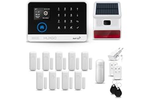 HUXGO® HXA003 Alarme Maison sans Fil WiFi + GSM avec Sirène Solaire exterieure sans Fil | Système d'alarme avec détecteur de Mouvement, 9X capteurs de Porte | Kit sécurité Maison, Appartement