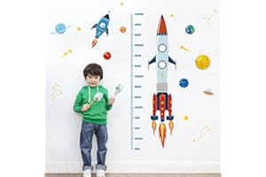 decalmile Pegatinas de Pared Planeta Gráfica de Altura Vinilos Decorativos Cohete Medidor de Altura Adhesivos Pared Habitación Infantiles Niños Dormitorio