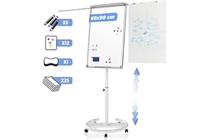 Jago® Rotafolio - 60x90cm, Marco de Aluminio, Altura Ajustable, Brazos Extensibles, Base Circular - Pizarra Magnética con Ruedas, Tablero de Notas Magnético, Pizarra Blanca con Soporte, Flipchart