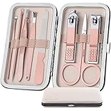 JUMKEET Nail Clippers Manicure Set Grooming Kit 8pcs for Women & Man, Professional Stainless Steel Manicure and Facial Care Tools Set with Leather Case for Travel & Home Gift (Pink)