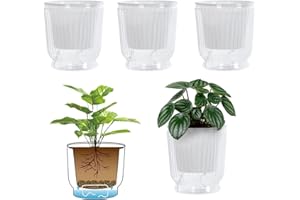 ACESOME ㅤ ACESOME Lot de 4 pots de fleurs, auto-irriguants, avec corde en coton, réservoir d'eau profond, système d'irrigation, pour plantes d'intérieur, transparents, 10,8 x 12 cm
