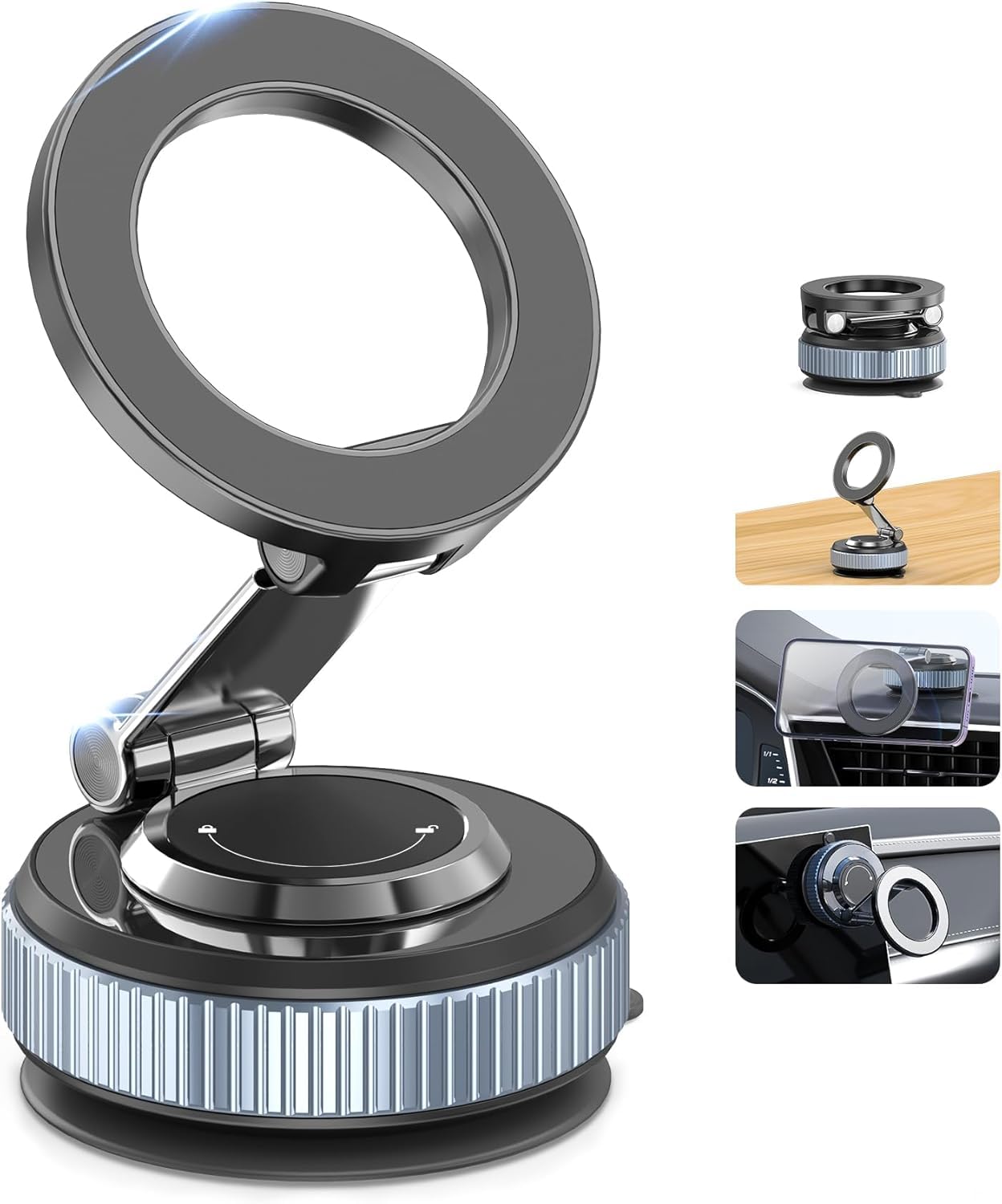 Gahenwo Vacuüm Magnetische Mobiele Telefoonhouder Auto voor Smartphone | 360° Draaibare Autotelefoonhouder met Zuignap, Opvouwbare Telefoon Mount met Magnetische Ring voor alle Smartphones
